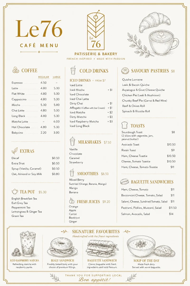 Menu, Le 76 patisserie & Bakery