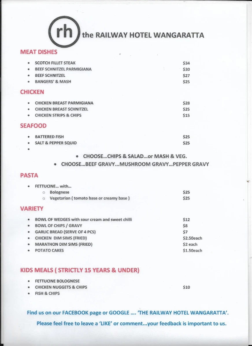 Menu, Railway Hotel