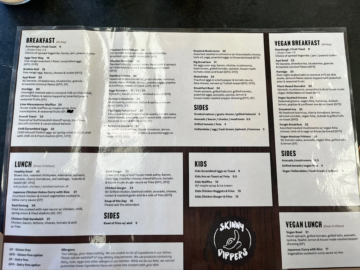 Menu, Skinny Dippers Cafe