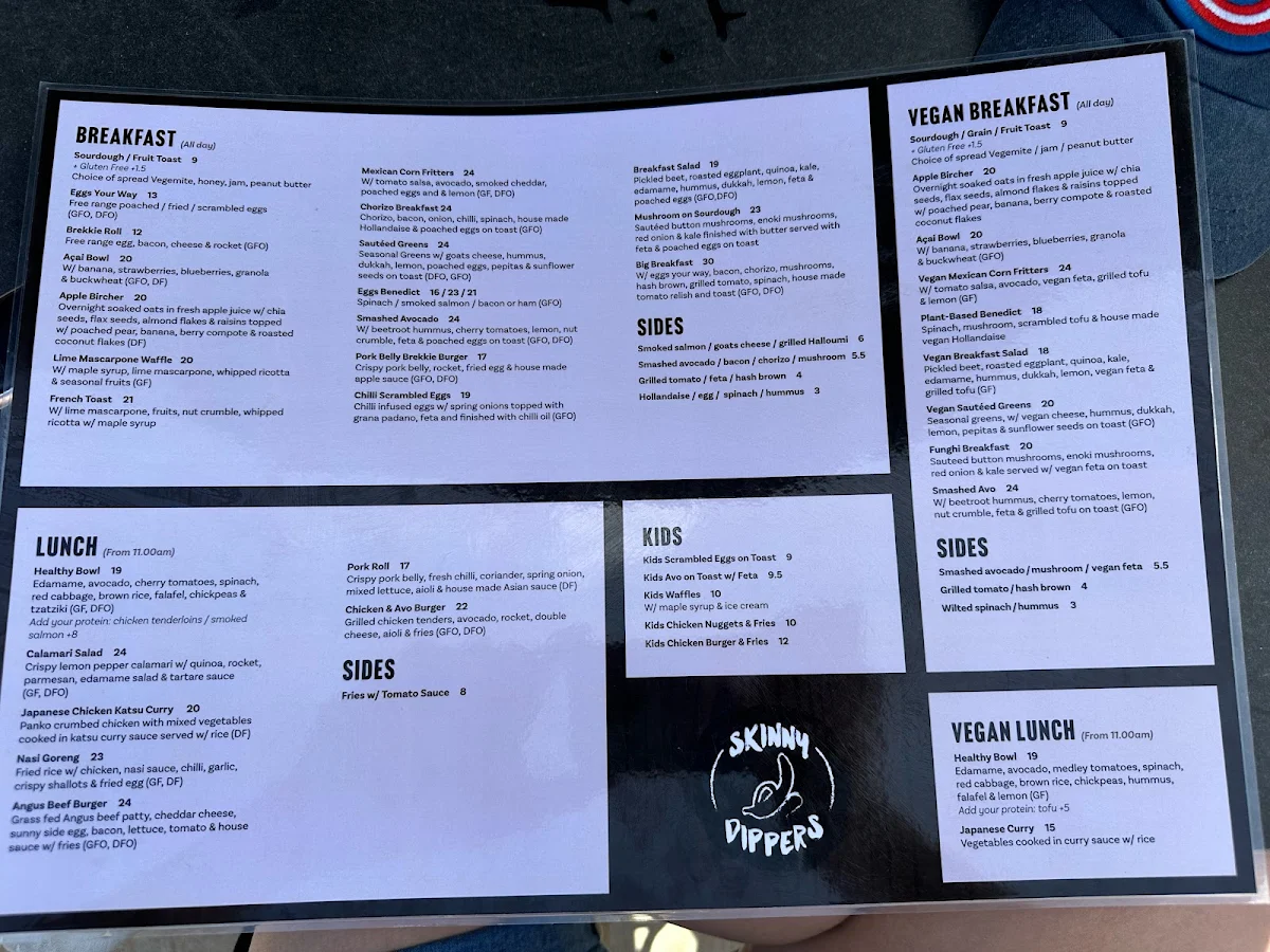 Menu, Skinny Dippers Cafe