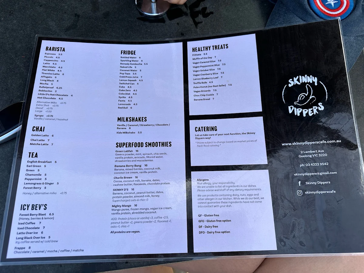 Menu, Skinny Dippers Cafe