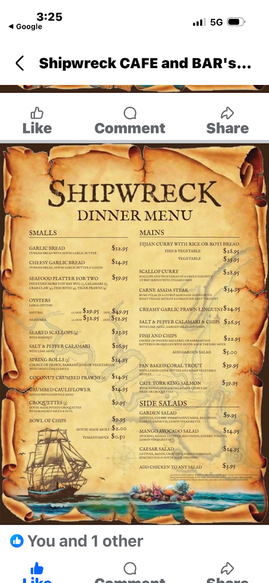 Menu, Shipwreck Bar and Cafe