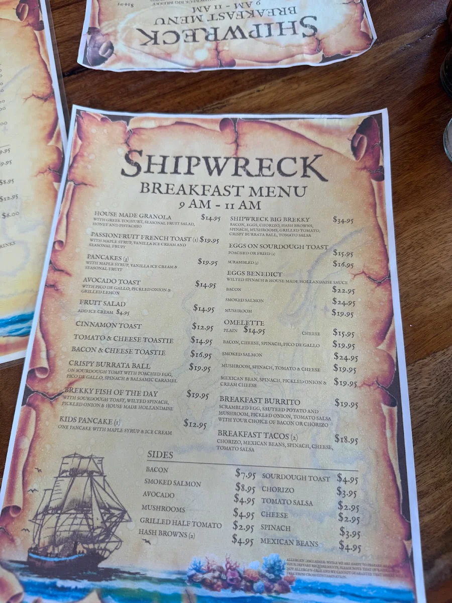 Menu, Shipwreck Bar and Cafe