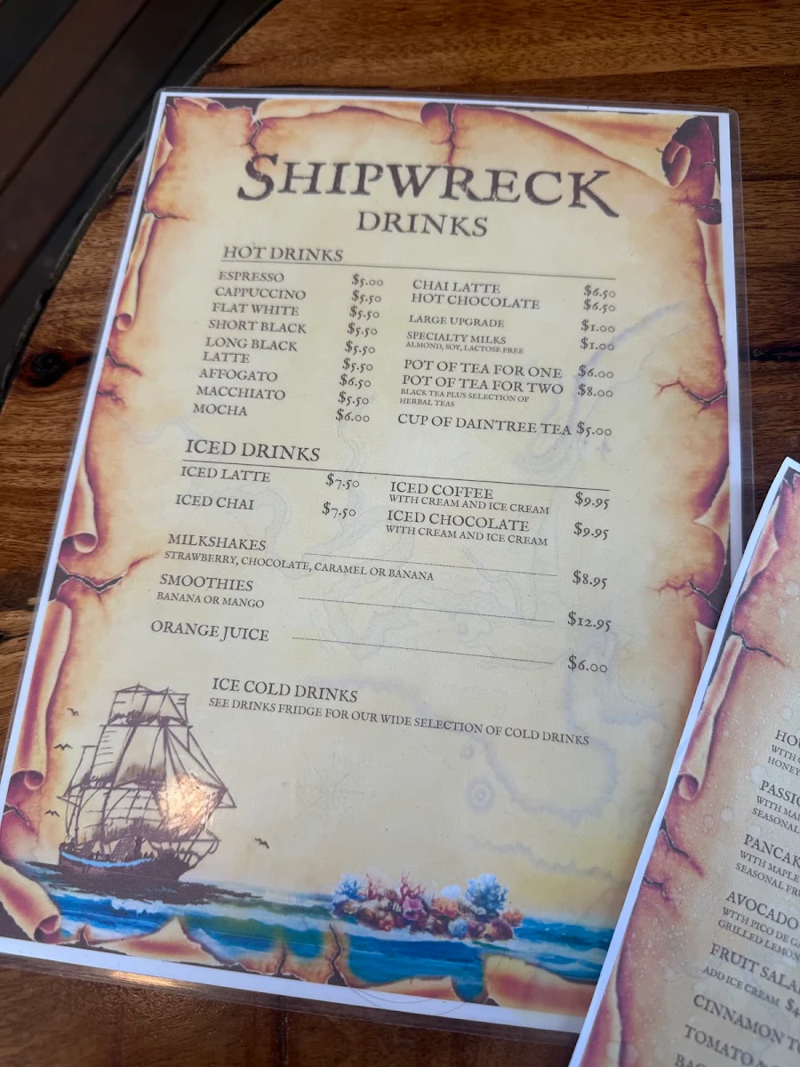 Menu, Shipwreck Bar and Cafe