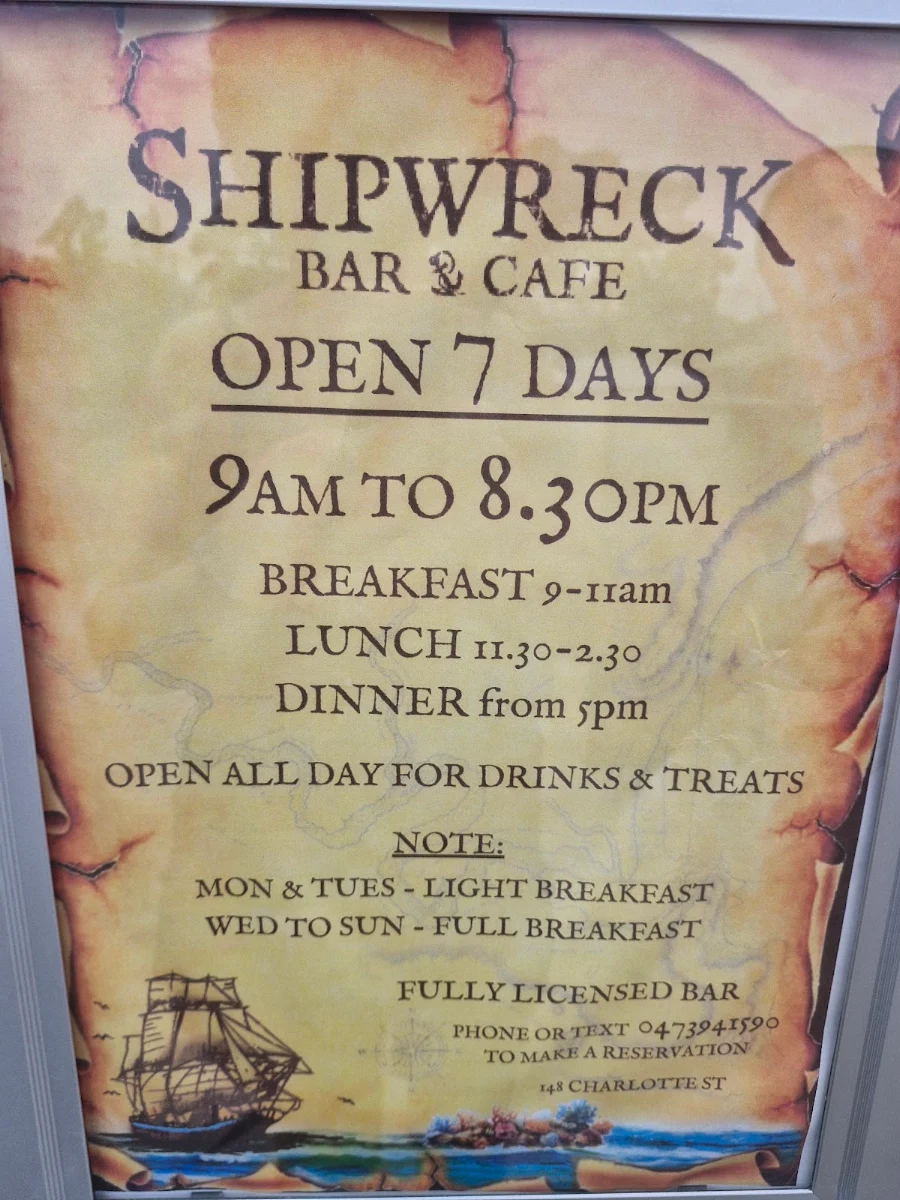 Menu, Shipwreck Bar and Cafe