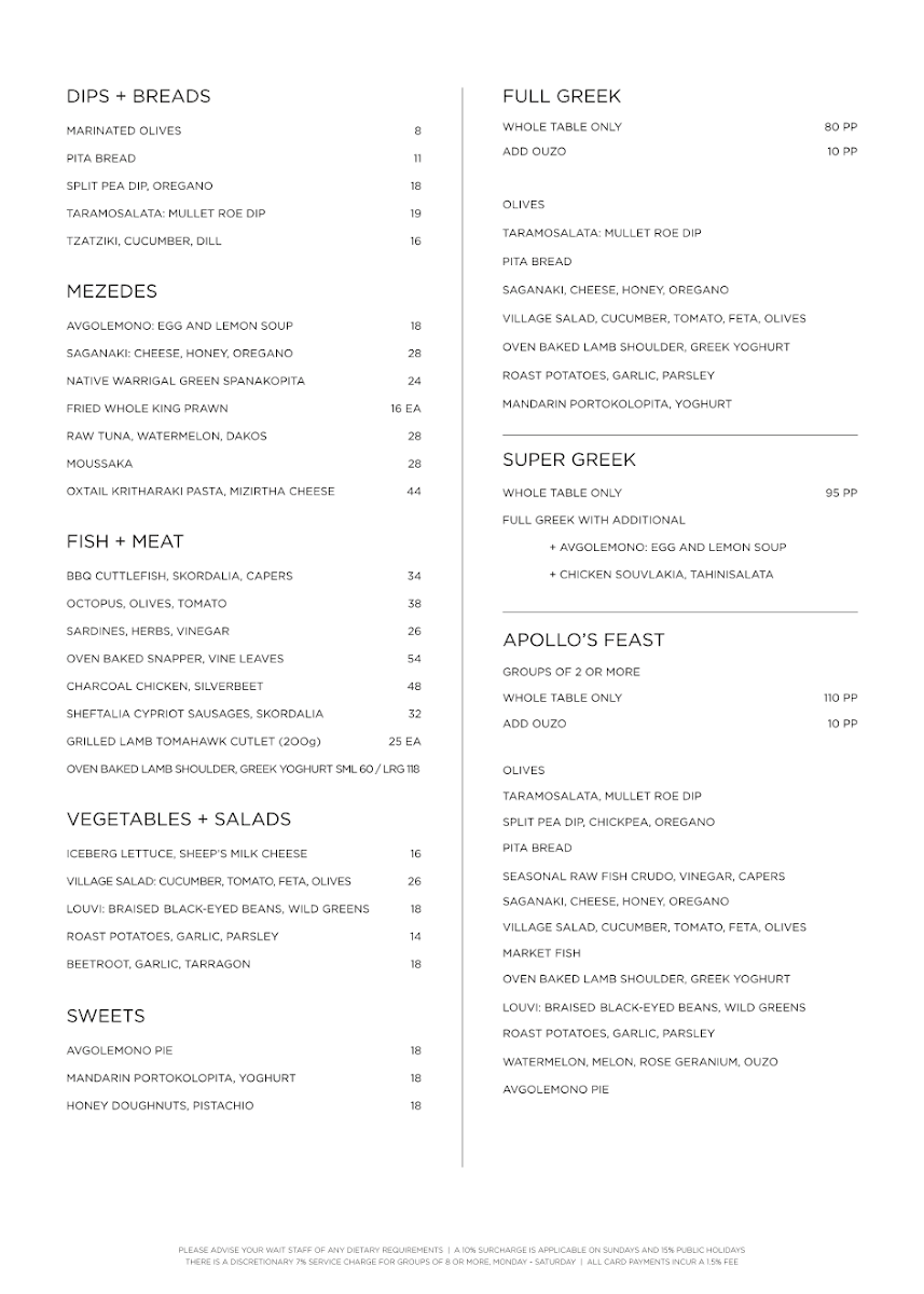 Menu, The Apollo Restaurant