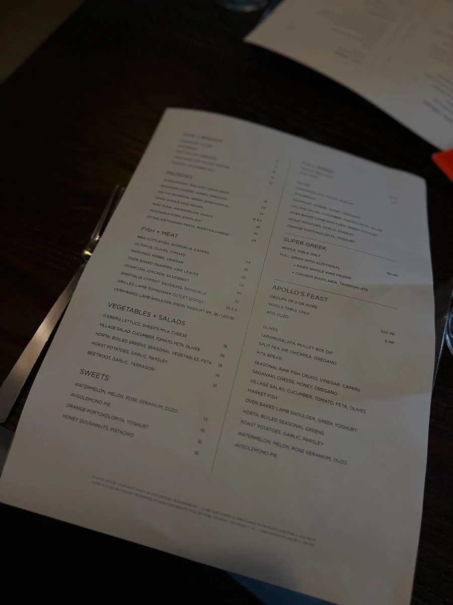 Menu, The Apollo Restaurant