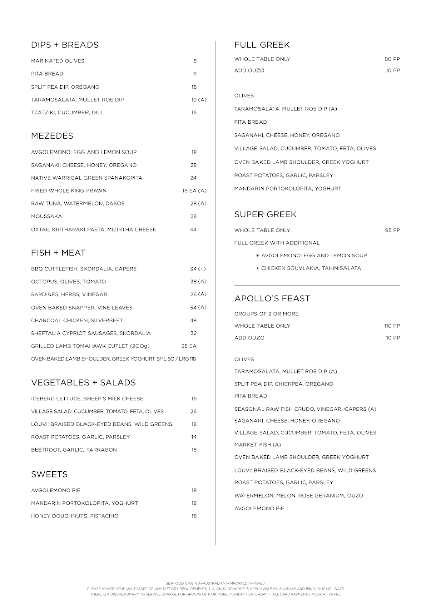 Menu, The Apollo Restaurant