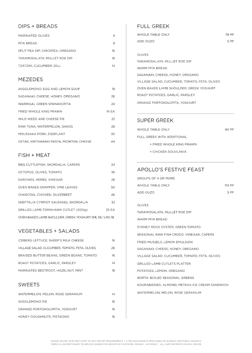 Menu, The Apollo Restaurant