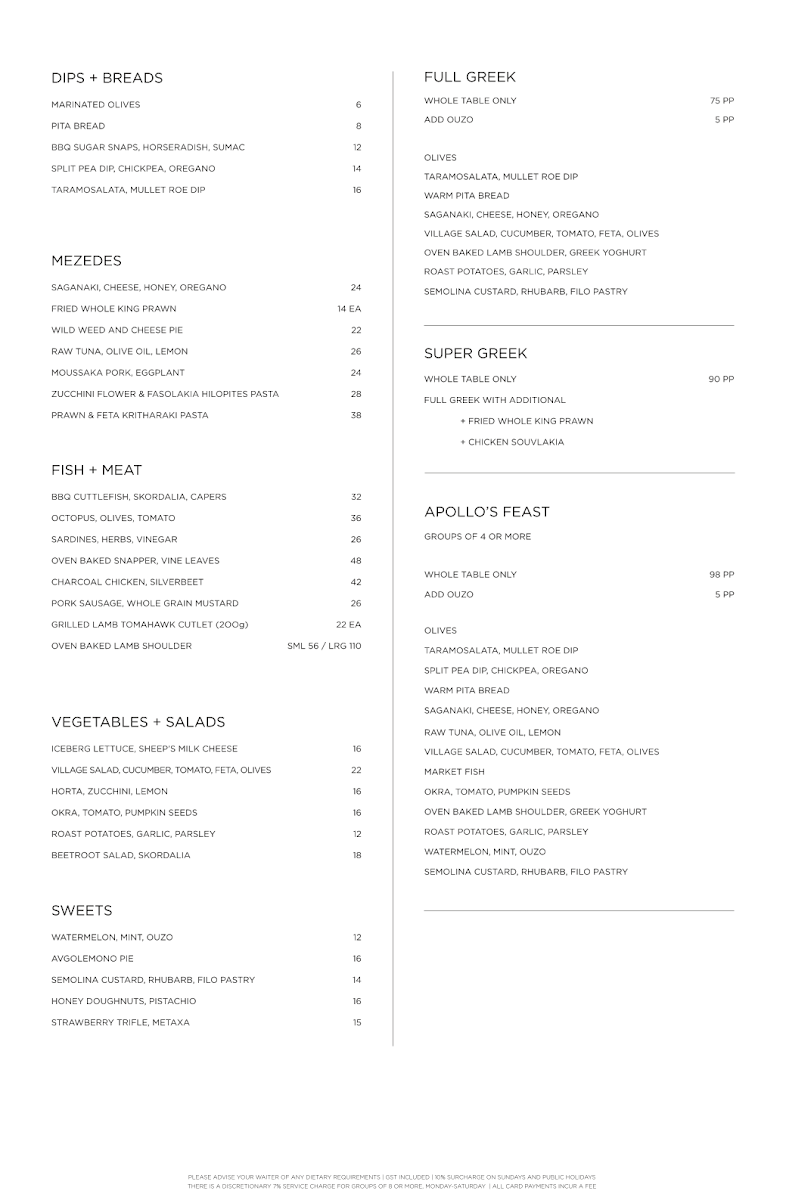 Menu, The Apollo Restaurant