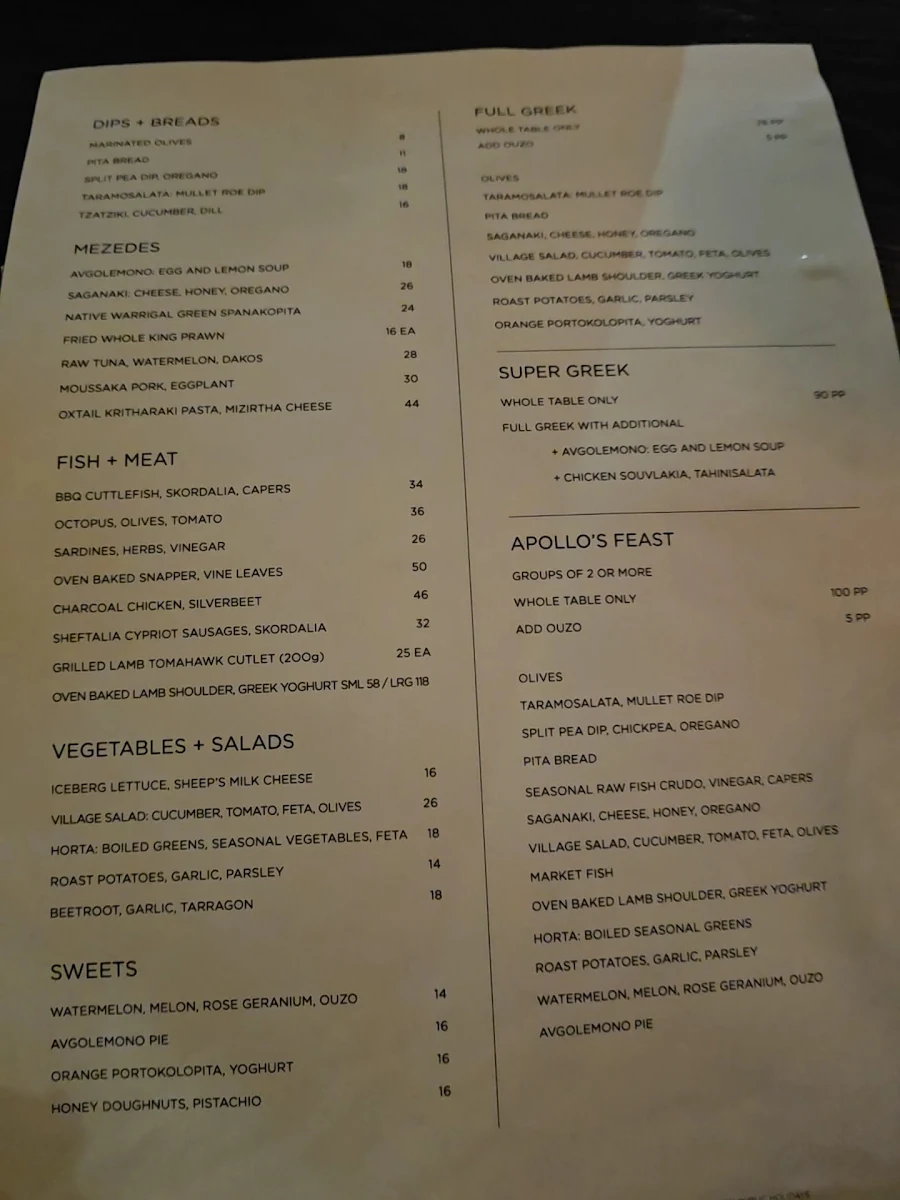 Menu, The Apollo Restaurant