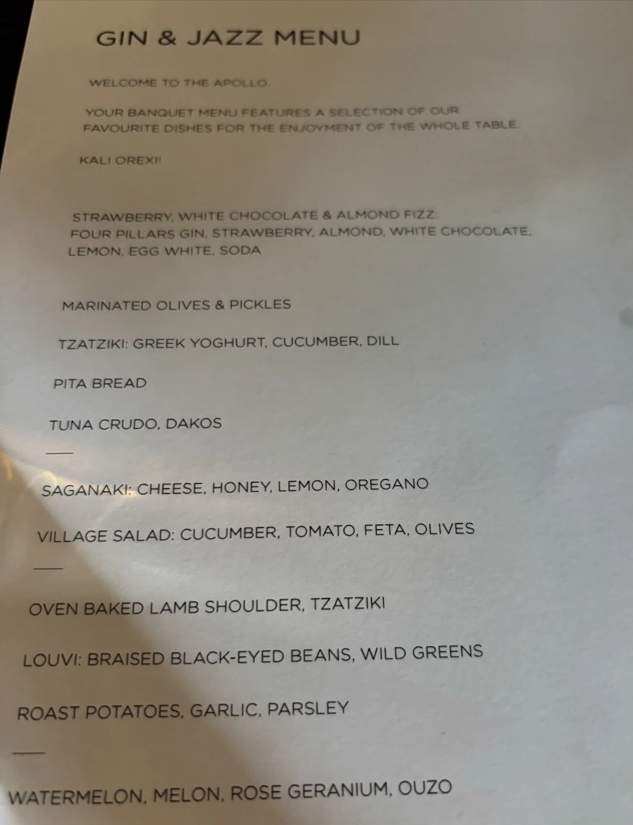 Menu, The Apollo Restaurant