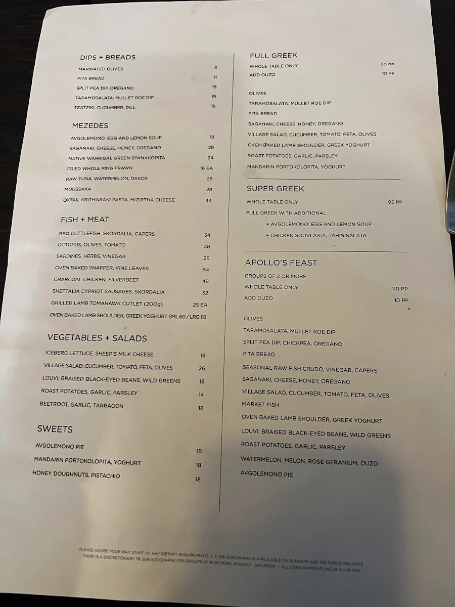 Menu, The Apollo Restaurant