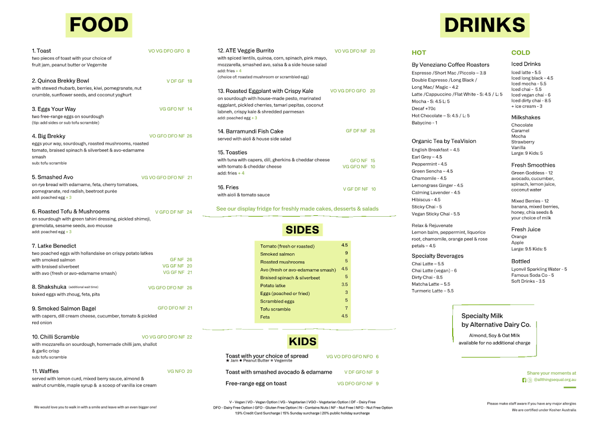 Menu, All Things Equal Cafe