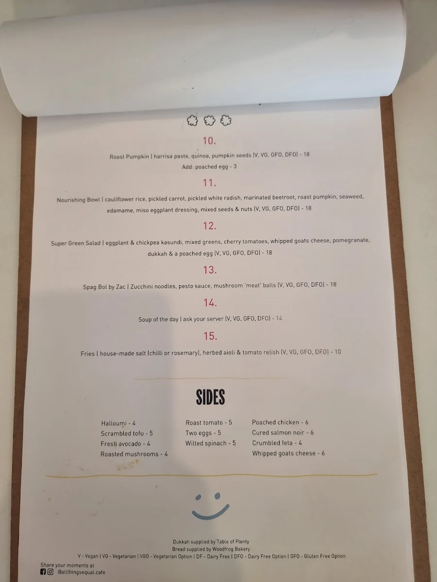 Menu, All Things Equal Cafe
