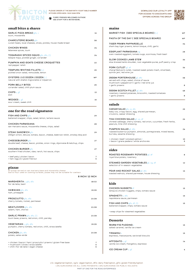 Menu, Bicton Tavern