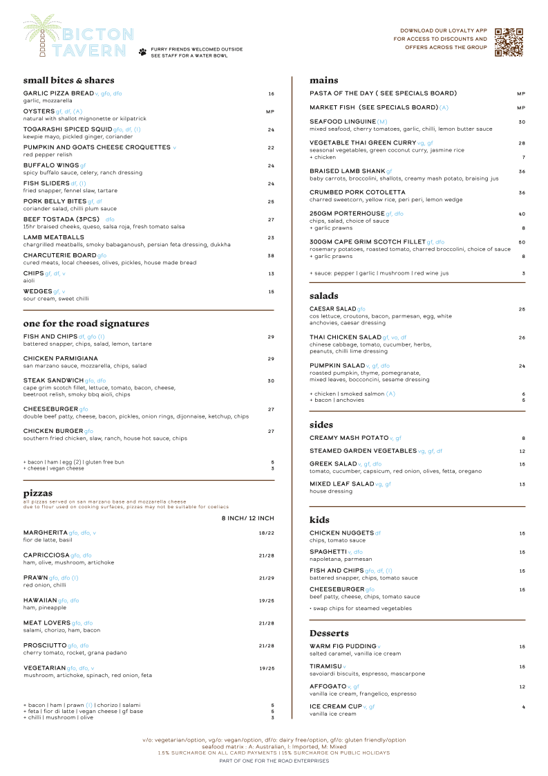 Menu, Bicton Tavern