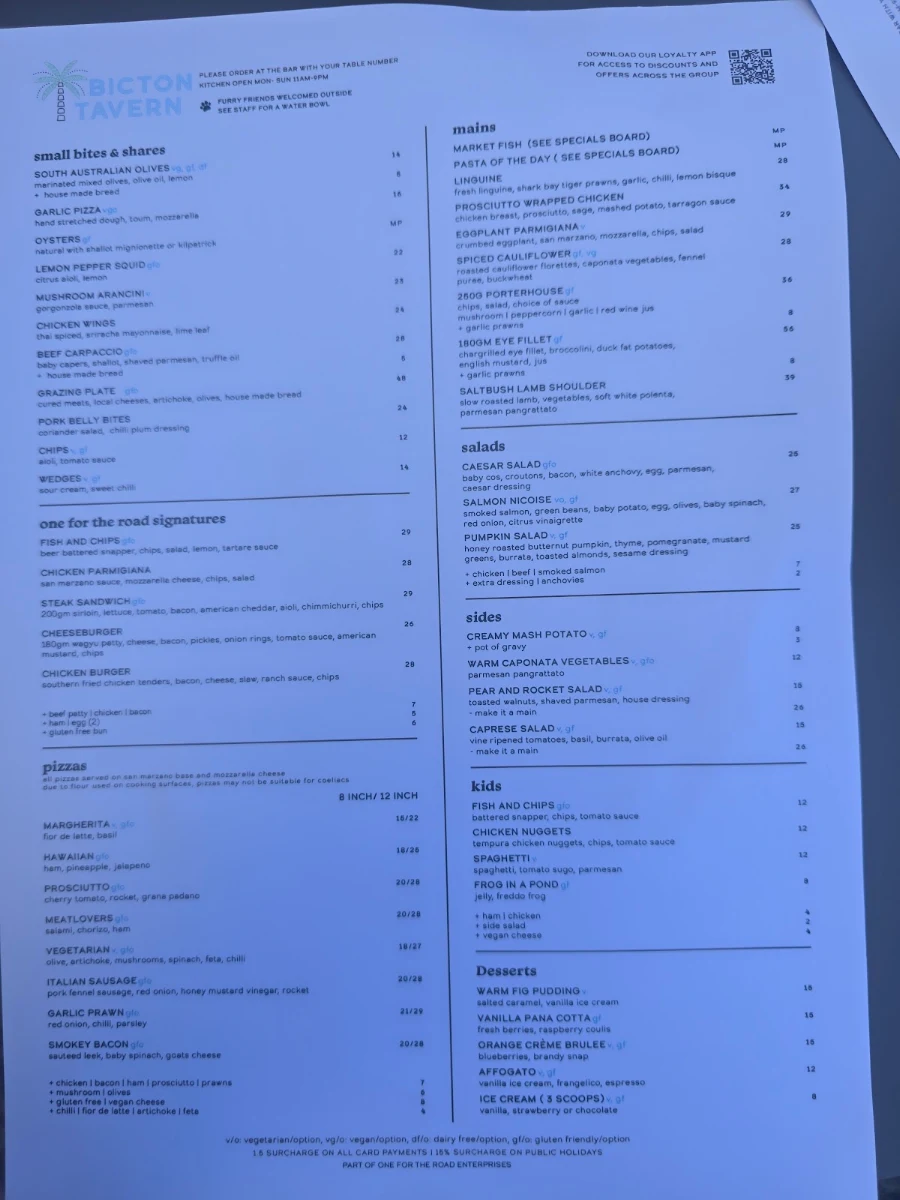 Menu, Bicton Tavern