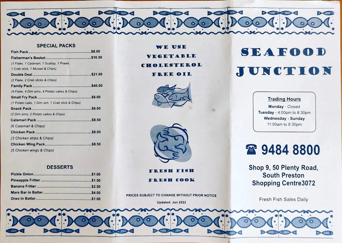 Menu, Seafood Junction