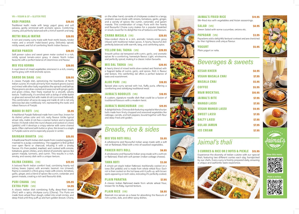 Menu, Pure Vegetarian Jaimal's Bhojan Bhandar
