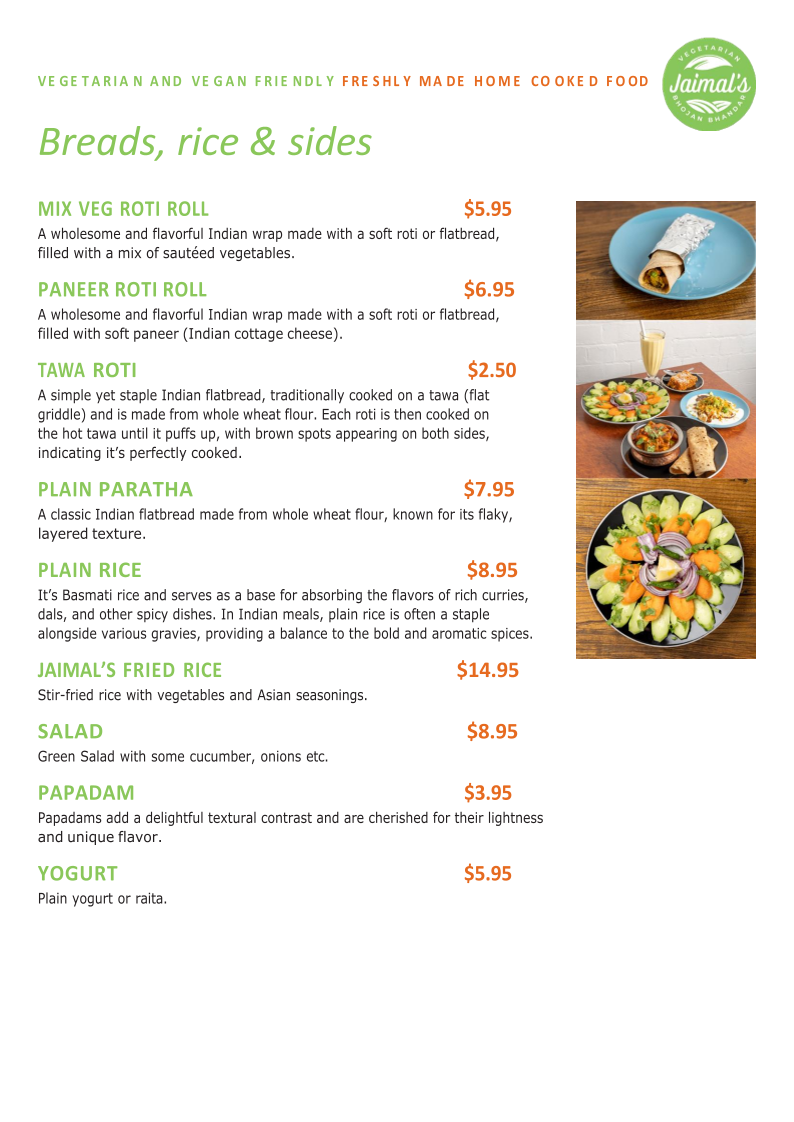 Menu, Pure Vegetarian Jaimal's Bhojan Bhandar