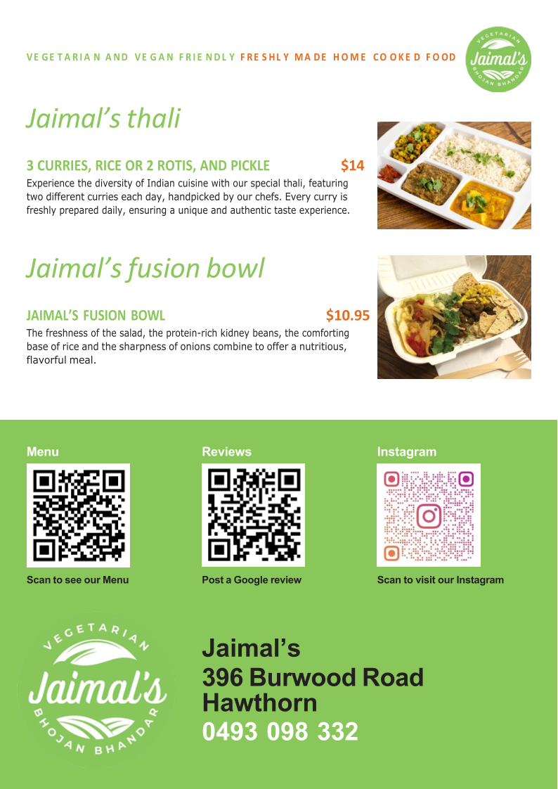 Menu, Pure Vegetarian Jaimal's Bhojan Bhandar