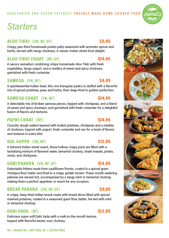 Menu, Pure Vegetarian Jaimal's Bhojan Bhandar