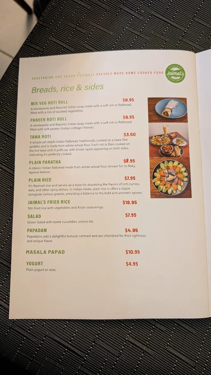 Menu, Pure Vegetarian Jaimal's Bhojan Bhandar