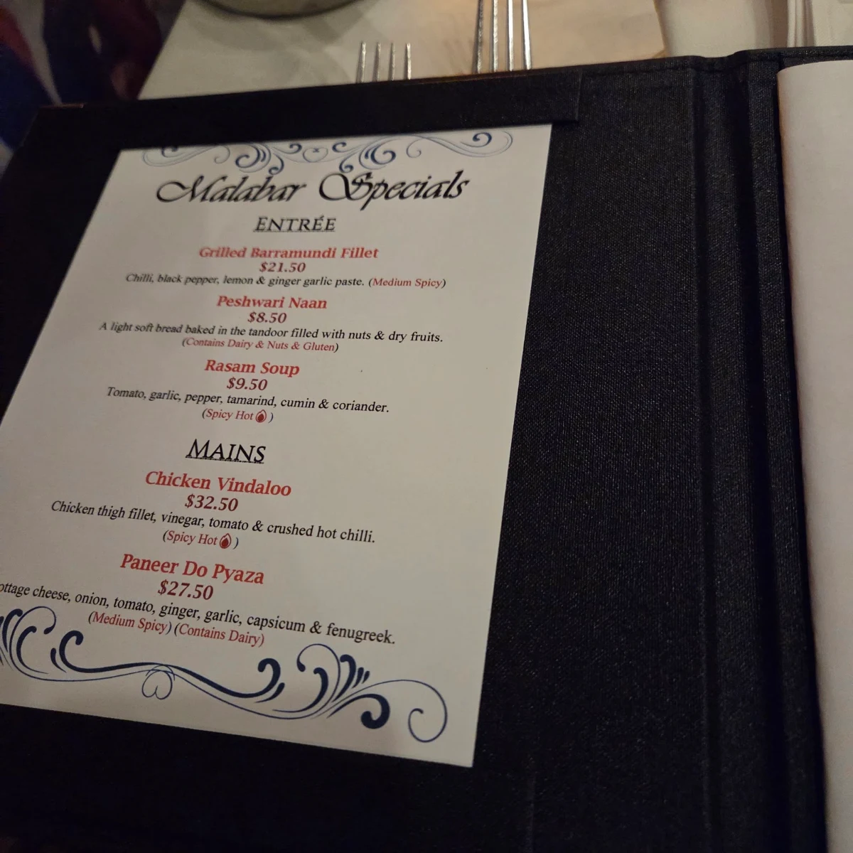 Menu, Malabar Indian Restaurant
