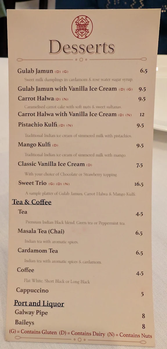 Menu, Malabar Indian Restaurant