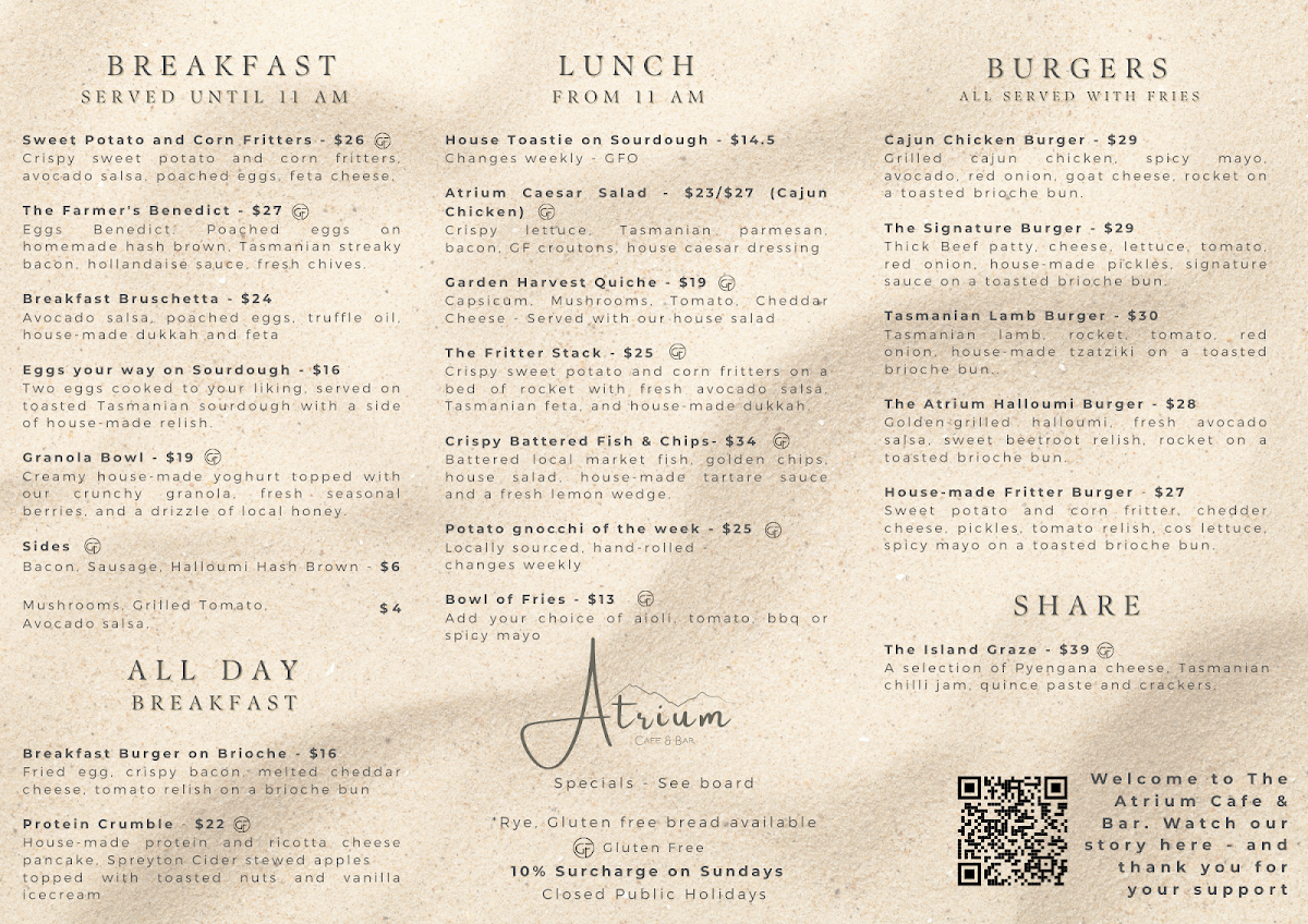 Menu, The Atrium Cafe & Bar