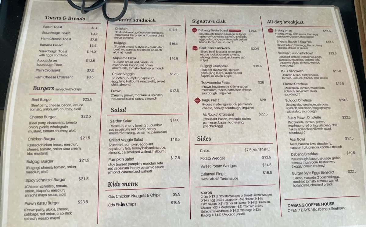 Menu, Dabang Coffee House