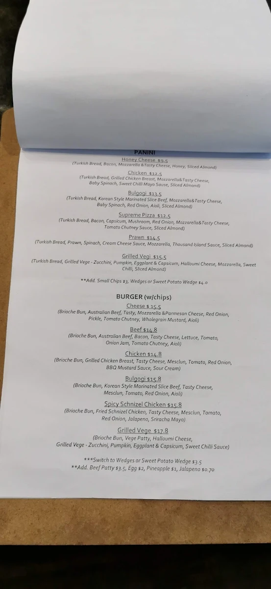 Menu, Dabang Coffee House