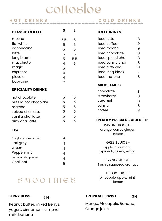 Menu, Cottosloe