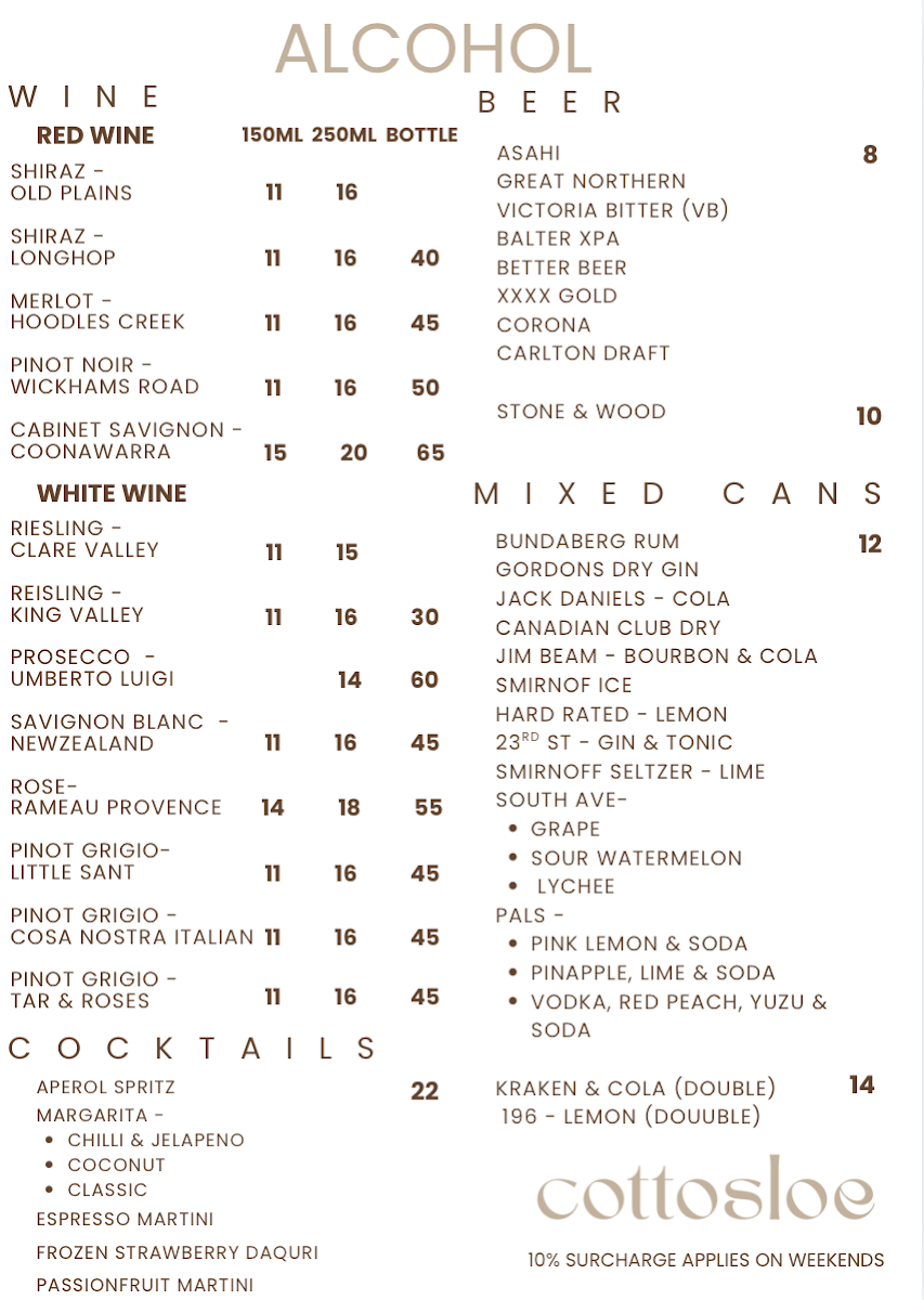 Menu, Cottosloe