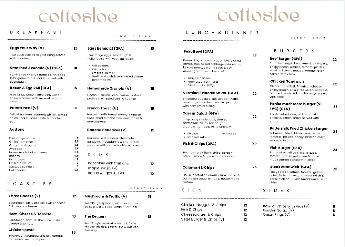 Menu, Cottosloe