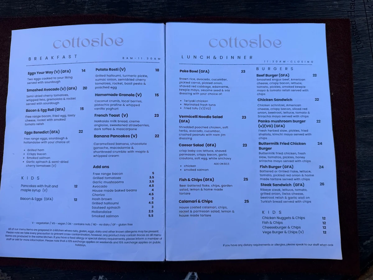 Menu, Cottosloe