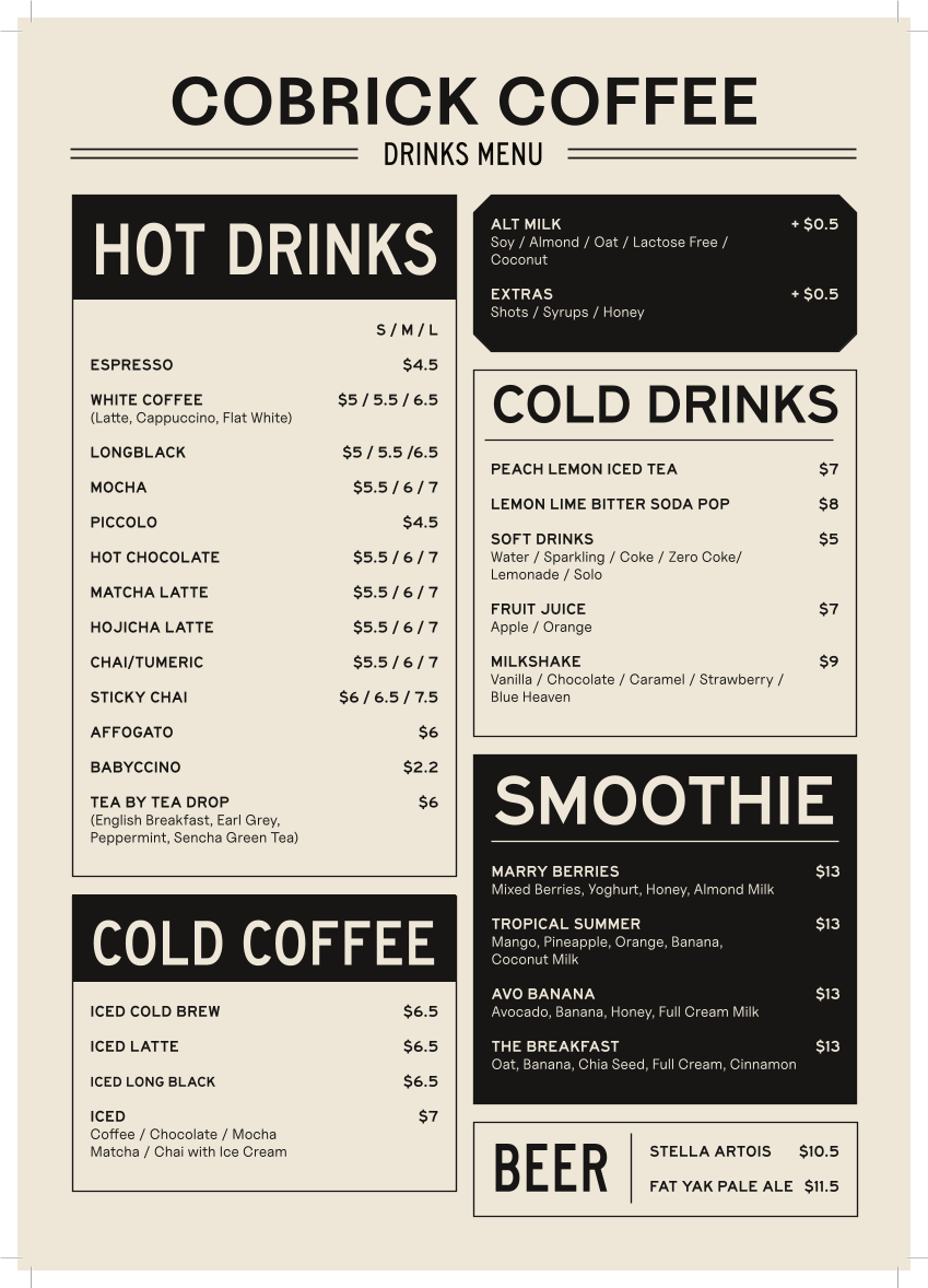 Menu, Cobrick Coffee