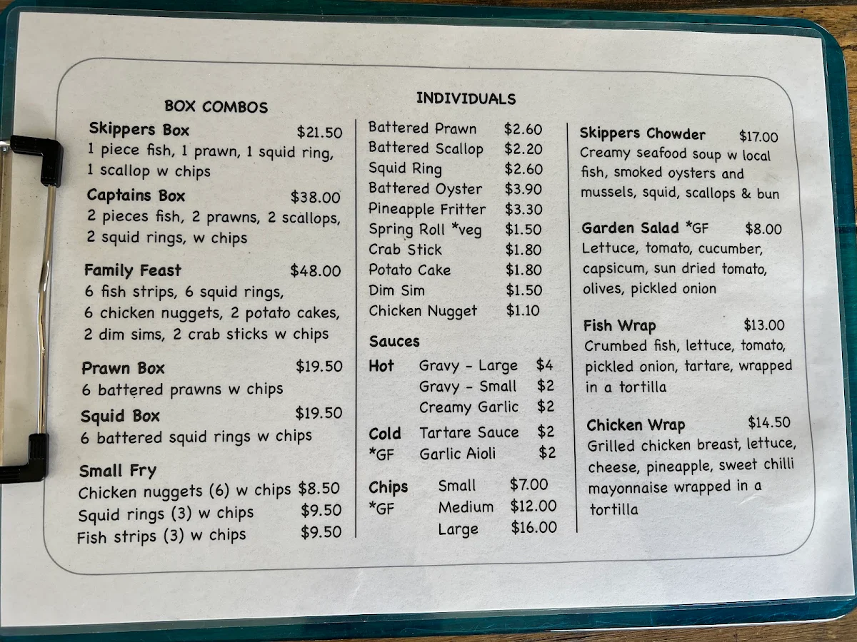 Menu, Skippers Fish Shop