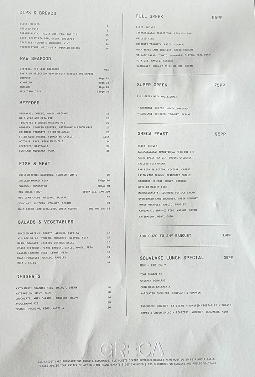 Menu, GRECA