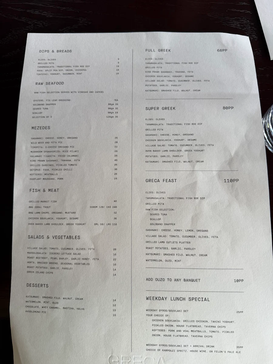 Menu, GRECA