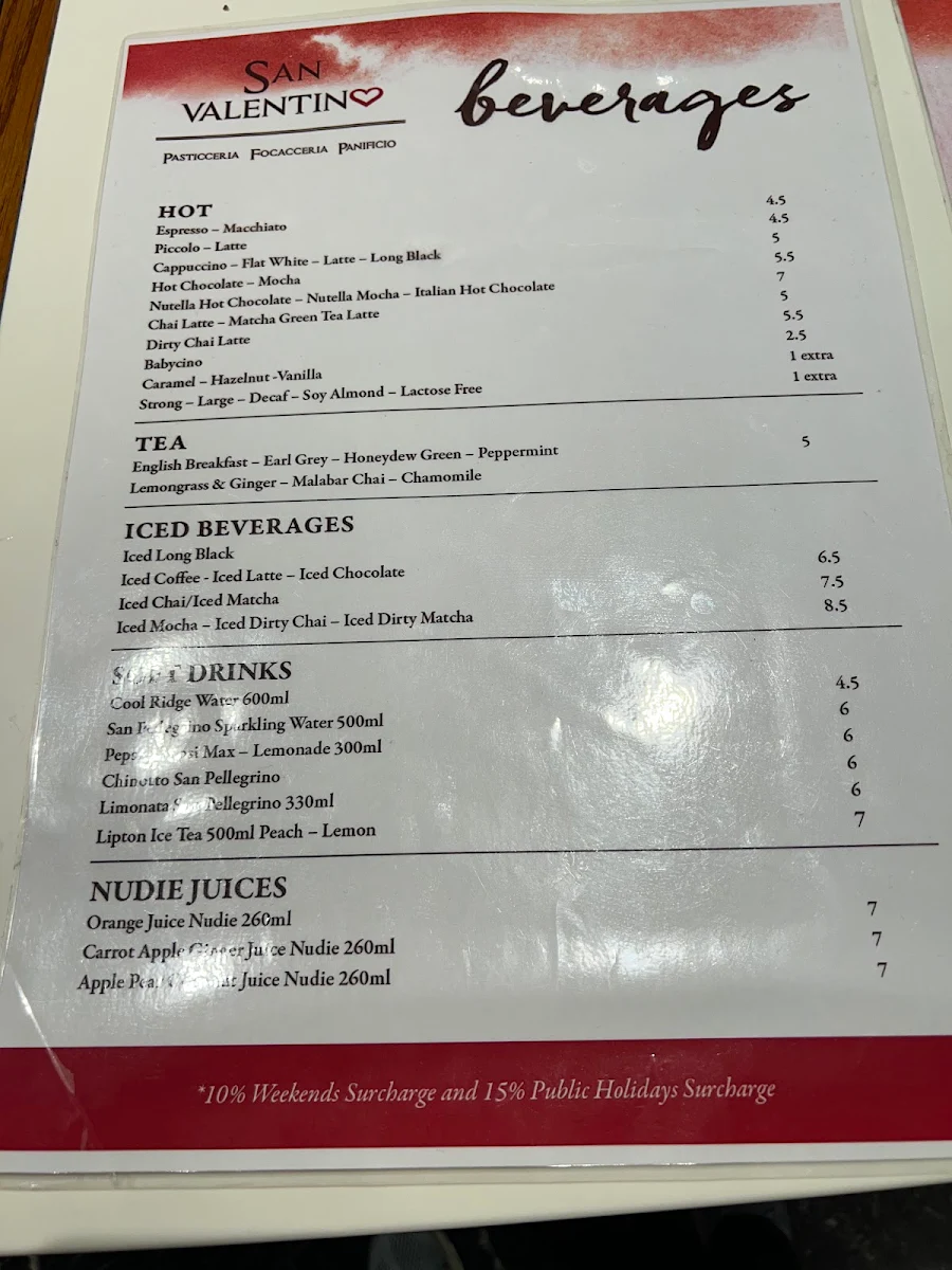 Menu, San Valentino