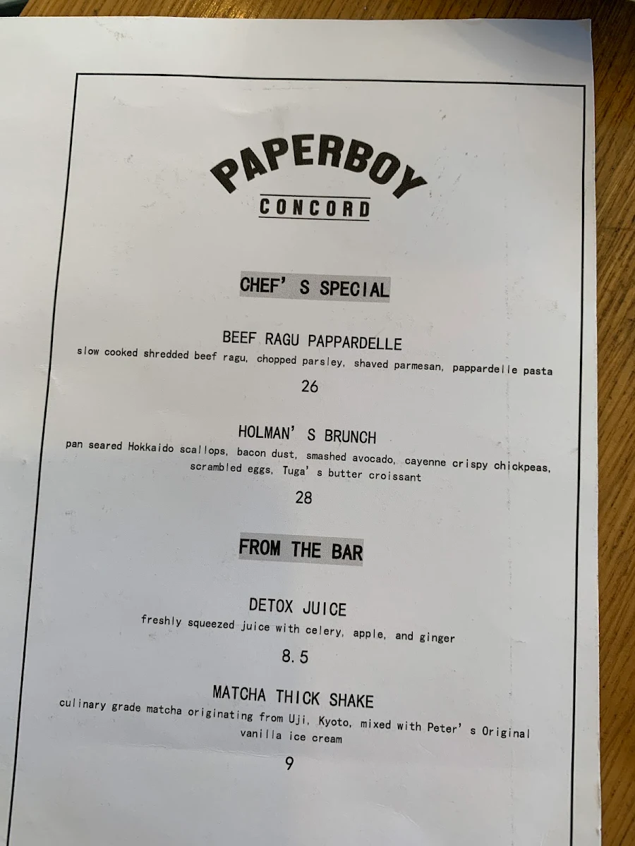 Menu, Paperboy Concord