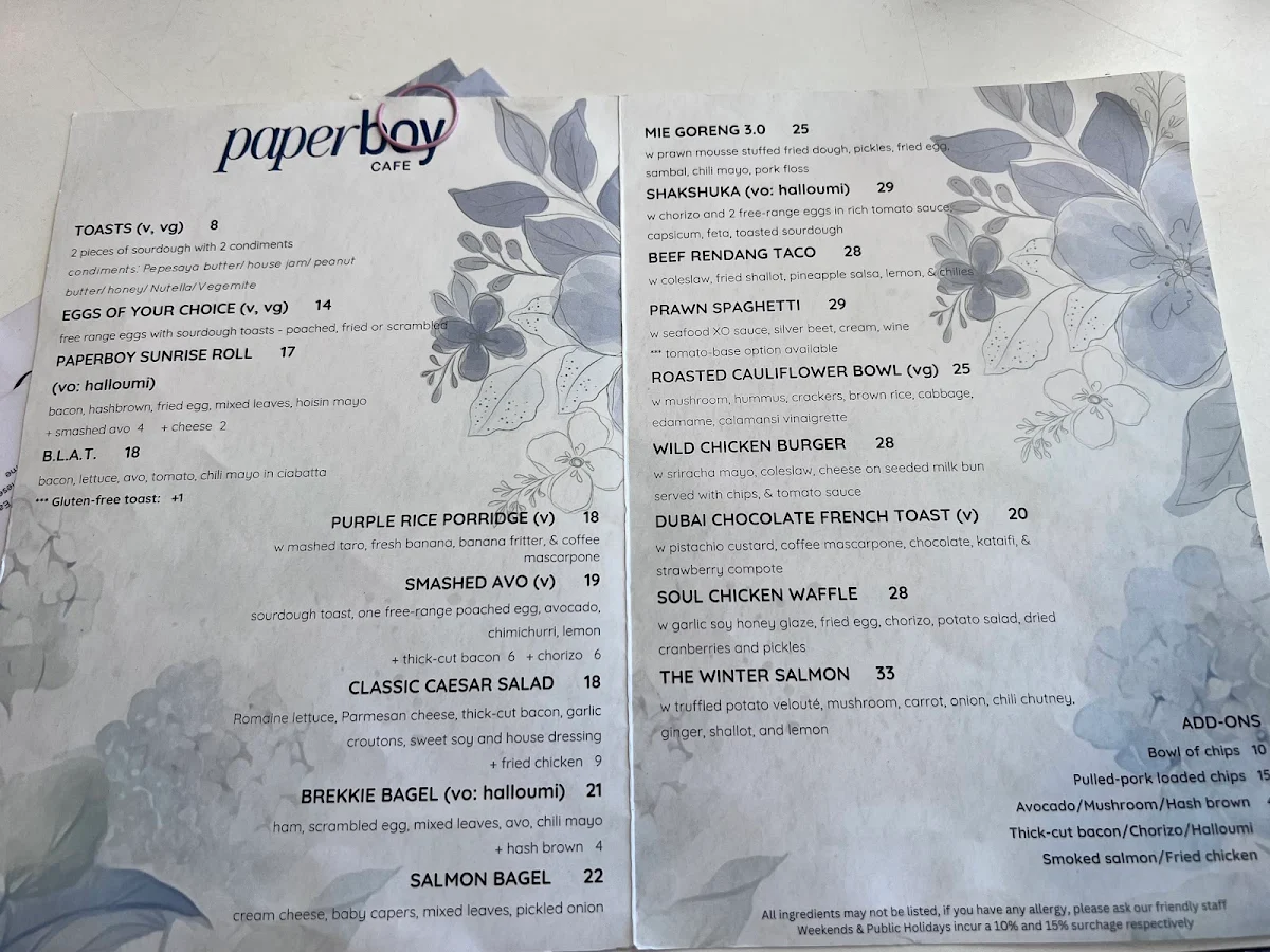 Menu, Paperboy Concord