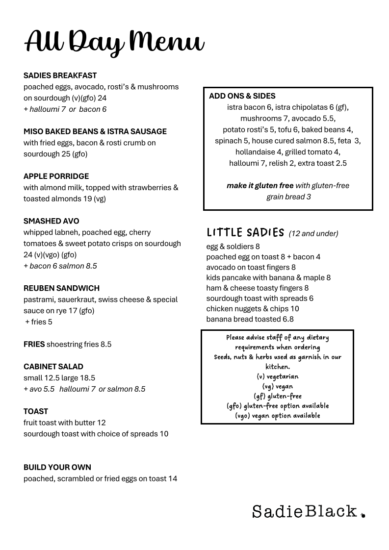 Menu, Sadie Black Cafe