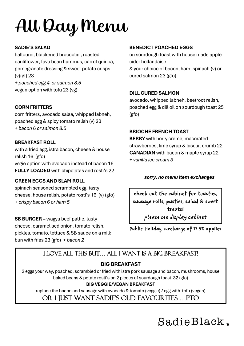 Menu, Sadie Black Cafe