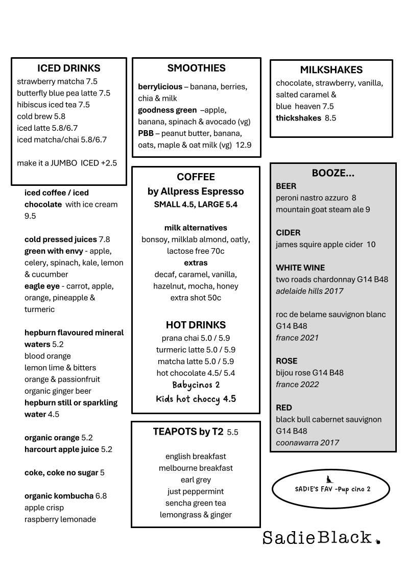 Menu, Sadie Black Cafe