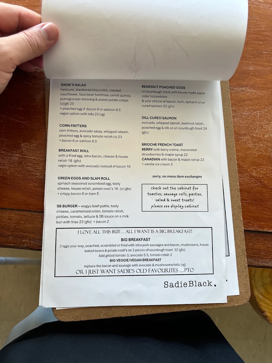 Menu, Sadie Black Cafe