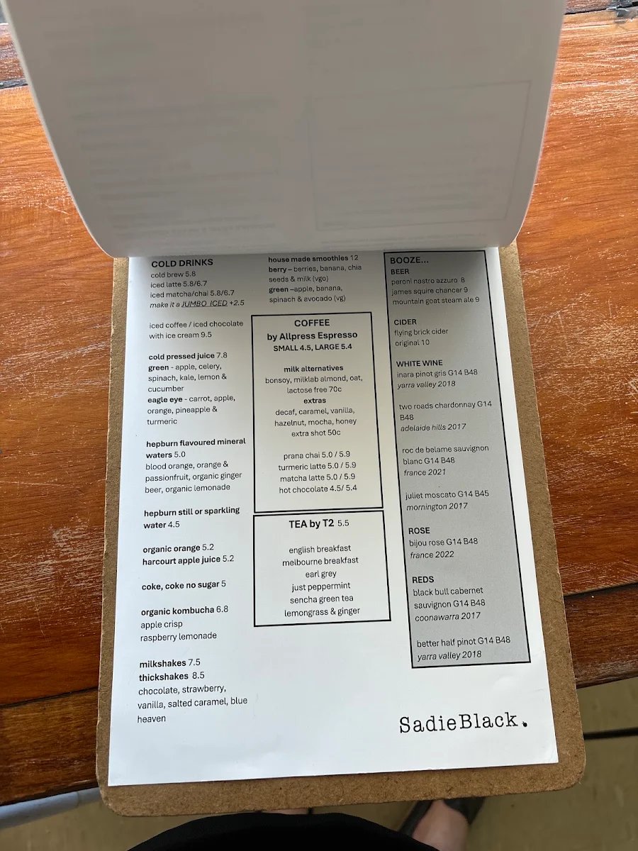 Menu, Sadie Black Cafe