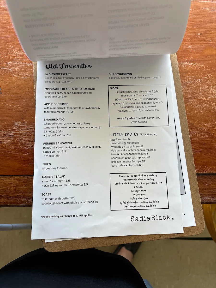 Menu, Sadie Black Cafe